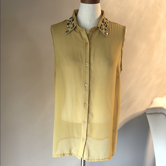 Bar III jeweled Embellished collar sheer Button Down Blouse mustard yellow Large - Picture 3 of 11